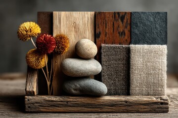 Textile and material samples with natural accents and dried flower arrangement