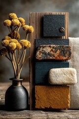 Interior design mood board showcasing natural tones with fabrics and decor elements