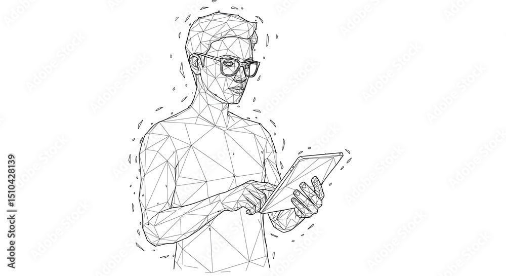 Poster man in futuristic wireframe wearing glasses using tablet. digital technology and virtual reality con