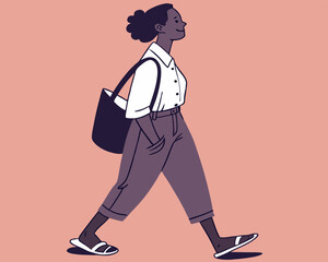 Stylized Vector Illustration of a Young Woman Walking with a Shoulder Bag on a Solid Background.
