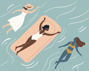 Summer Relaxation: Three Women Enjoying a Refreshing Time in the Water, A Peaceful Water Scene with Women Swimming and Floating on a Sunny Day, Carefree Ladies Soaking Up the Sun and Cooling