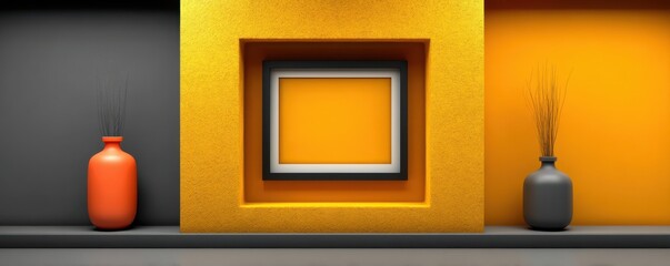 Modern minimalist interior with vases and bold yellow wall art display