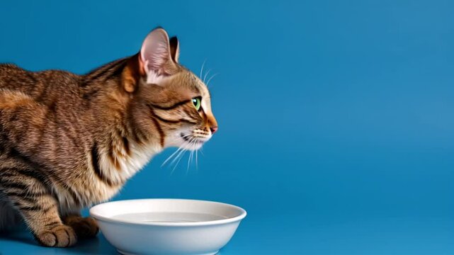 Playful cat drinking water from a bowl against a vibrant blue background at home during the day