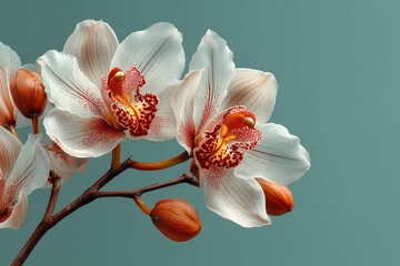 Elegant white orchids with red buds on a turquoise background