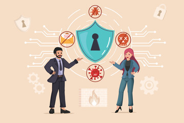 Comprehensive Cybersecurity Strategy for Businesses: Professionals Presenting a Shield Against Viruses, Malware, Scam Emails, and Online Threats.