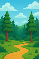 Colorful landscape illustration of a vibrant green forest, perfect for nature, environment, and outdoor themed creative projects