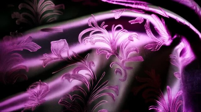 Elegant purple and black satin fabric with floral pattern and folds, creating a luxurious and textured surface in dim light.