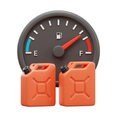 3D Illustration Fuel Gauge Showing Full Tank with Gas Cans on Isolated Background