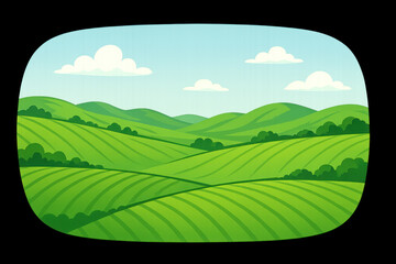 Fototapeta premium Green landscape with rolling hills under cloudy sky.