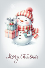 Snowman with a happy expression, rosy cheeks, carrot nose and knitted red and white striped scarf. Greeting card with calligraphic inscription Merry Christmas.
