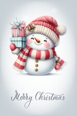 Snowman with a happy expression, rosy cheeks, carrot nose and knitted red and white striped scarf. Greeting card with calligraphic inscription Merry Christmas.