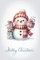 Snowman with a happy expression, rosy cheeks, carrot nose and knitted red and white striped scarf. Greeting card with calligraphic inscription Merry Christmas.
