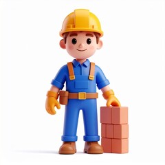 Fototapeta premium Smiling Cartoon Construction Worker with Bricks
