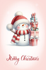 Snowman with a happy expression, rosy cheeks, carrot nose and knitted red and white striped scarf. Greeting card with calligraphic inscription Merry Christmas.