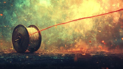 A Single Spool of Thread on a Rustic Table Against a Colorful Abstract Background with Soft Light and Floating Particles in the Atmosphere