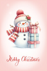 Snowman with a happy expression, rosy cheeks, carrot nose and knitted red and white striped scarf. Greeting card with calligraphic inscription Merry Christmas.