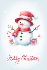 Snowman with a happy expression, rosy cheeks, carrot nose and knitted red and white striped scarf. Greeting card with calligraphic inscription Merry Christmas.
