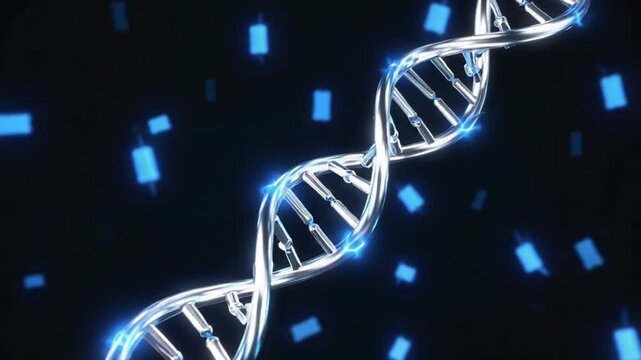 Minimalist chrome DNA helix slow motion, segment glowing in ethereal blue tones, shallow depth of field, futuristic cybersecurity visualization, soft blue bokeh symbolic encrypted digital chain - Powered by Adobe