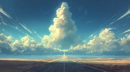 Majestic Open Road Under a Vibrant Sky Filled with Dramatic Clouds and Sunlight, Inviting Journey Towards a Bright Future or Adventure Ahead
