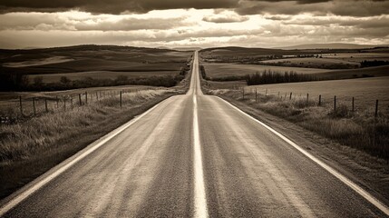 Serene Open Road Stretching into Distance with Dramatic Clouds and Rolling Fields Under a Moody Sky Captured in Warm Monochrome Tones