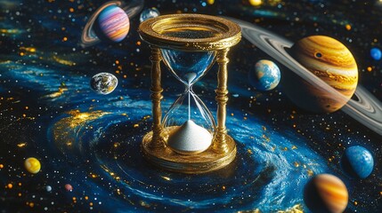 Stunning Hourglass in Cosmic Space with Planets and Stars, Symbolizing Time Passing and the Endless Universe Filled with Wonders and Mysteries