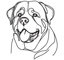 Fototapeta premium Highly Detailed Minimalist Continuous Line Art Portrait of a Happy Rottweiler Dog Head Black and White Canine Pet Illustration