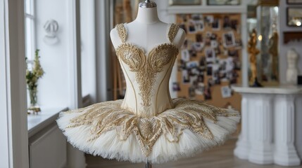 Elegant ivory tutu dress with gold embroidery in costume studio