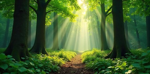 Obraz premium A tranquil forest scene with gentle sunlight filtering through leaves, creating a peaceful and serene soundscape Ideal for relaxation, meditation, or nature documentaries , relaxation, outdoors