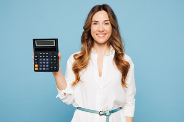 Young successful employee business woman corporate lawyer wears shirt classic formal clothes work in office hold use blank screen calculator isolated on pastel light blue background studio portrait.