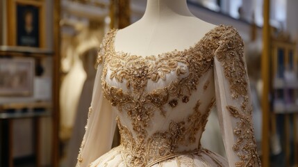 Obraz premium Elegant ivory wedding gown with gold embroidery in luxurious bridal boutique