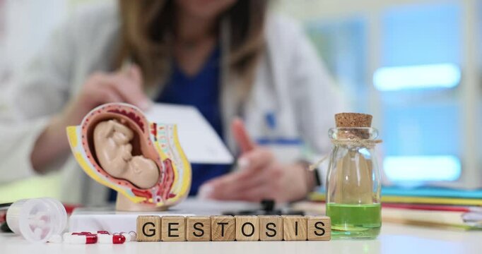 Doctor examines papers by anatomical model of fetus while researching Gestosis shown on cubes at pills on table. Medical treatment and care in clinic