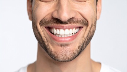 Naklejka premium Close up photo of a person smiling broadly with white, neat teeth, white background