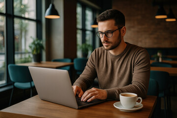 A man typing on laptop in a cozy coffee shop.