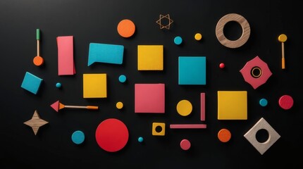 Scattered geometrical shapes and forms in a variety of colors are arranged on a dark gray background. This artistic image could be used as an illustration.
