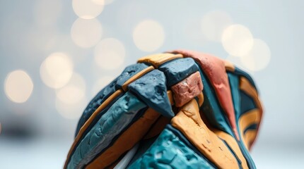 A geometric sculpture, possibly made of clay, is the focal point against a bokeh background. The art piece has visible textured surfaces, adding depth.