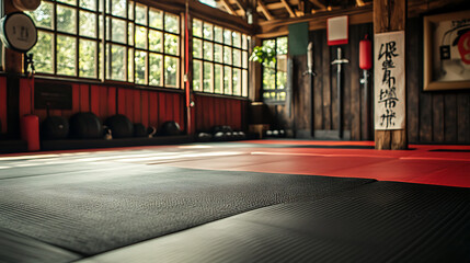 Traditional Japanese Dojo with Tatami Mats and Wooden Interior