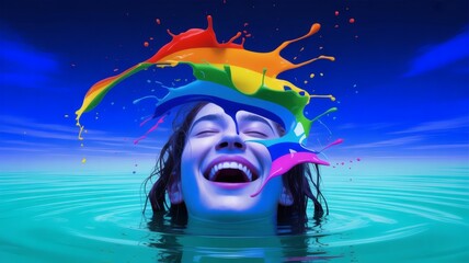 A vibrant photo shows a person in water laughing, with rainbow paint splattering on their head. This image is one of many submitted as stock imagery, ready for licensing.