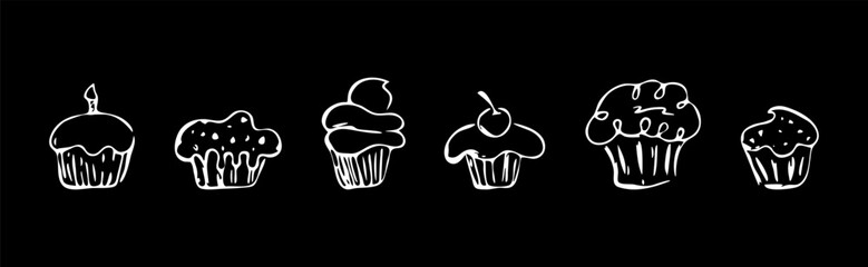 Cupcakes white on black set.with a brush with a liner pen.Grunge texture on black background. Children's cartoon Illustration drawing sketch with uneven lines. Sweetness; treat; dessert;coffee; food