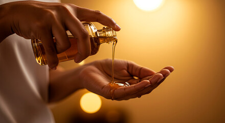 Woman pouring golden oil from bottle into her hand in warm light. Skincare routine and natural beauty product concept.