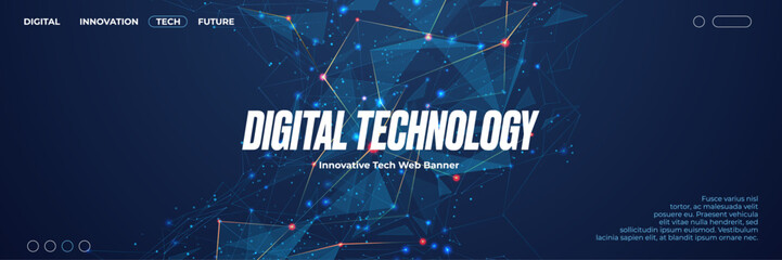 Abstract technology web banner design. Low poly digital plexus illustration with connected dots. Futuristic tech vector horizontal illustration suit for flyer, booklet, banner, brochure, and website. 