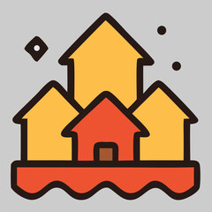 Real estate icon vector of residential area with yellow roof houses grouped together for neighborhood, village, or property development theme.