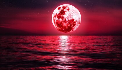 hyper realistic image of a red moon hanging above the ocean with the detailed reflection of its crimson light shimmering on the water