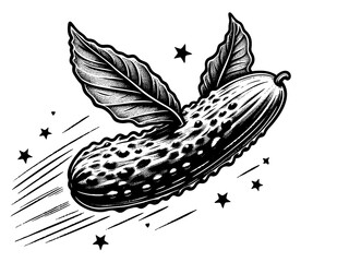 Cucumber pickle flying through stars, symbolizing fantasy, humor, and surreal creativity sketch engraving generative ai PNG illustration. Scratch board imitation. Black and white image.