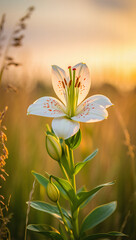 Stunning white lily with red spots blooming in a golden sunset field landscape