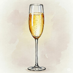 Watercolour Illustration of a Glass of Champagne in a Paper Texture Background