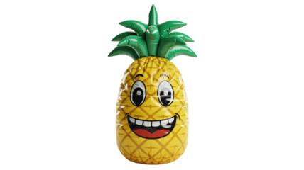 Bright and cheerful inflatable pineapple toy featuring a happy smiling face, isolated on a transparent background, ideal for summer themed designs and playful projects