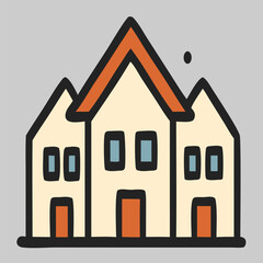 Real estate icon vector of three residential houses side by side in urban neighborhood, symbolizing housing development and property cluster.