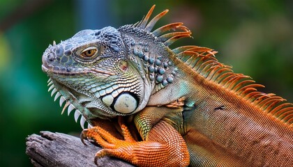 Obraz premium colorful iguana portrait on wood post reptile scales