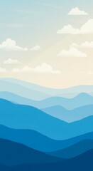 Turquoise mountain silhouettes with morning rays of rising sun at dawn. Abstract landscape with hills for hiking, travel and vacation. Pastel blue mountain layer in fog. Banner with copy space.