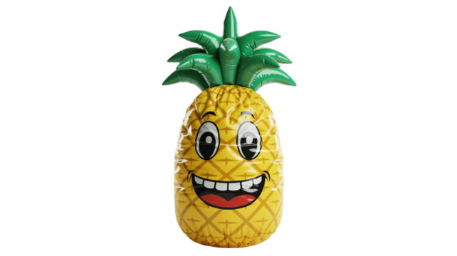 Bright and cheerful inflatable pineapple toy featuring a happy smiling face, isolated on a transparent background, ideal for summer themed designs and playful projects
